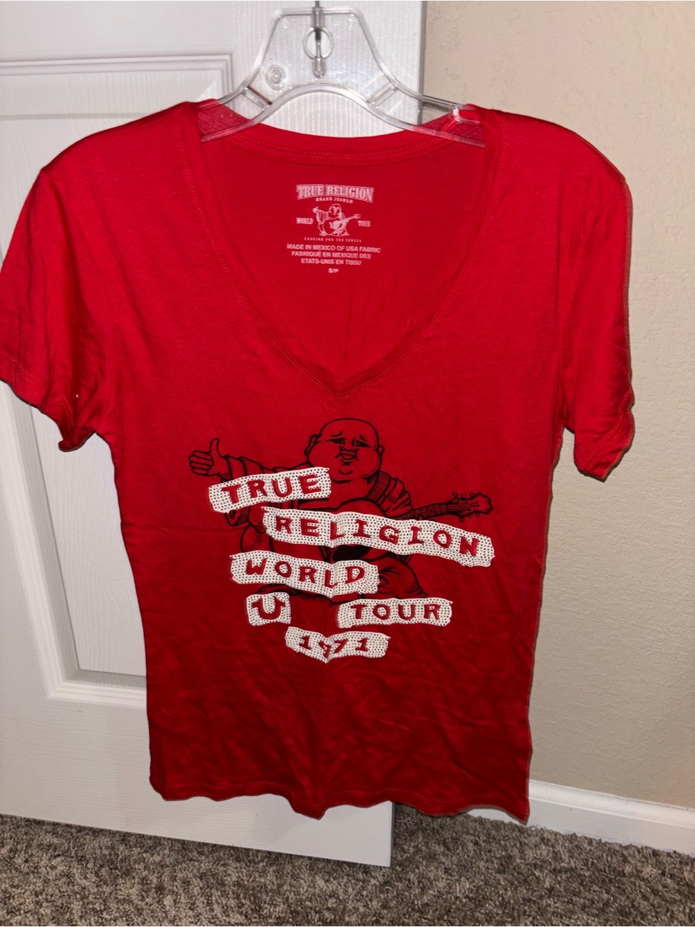 True Religion Red V-Neck Graphic Logo Tee